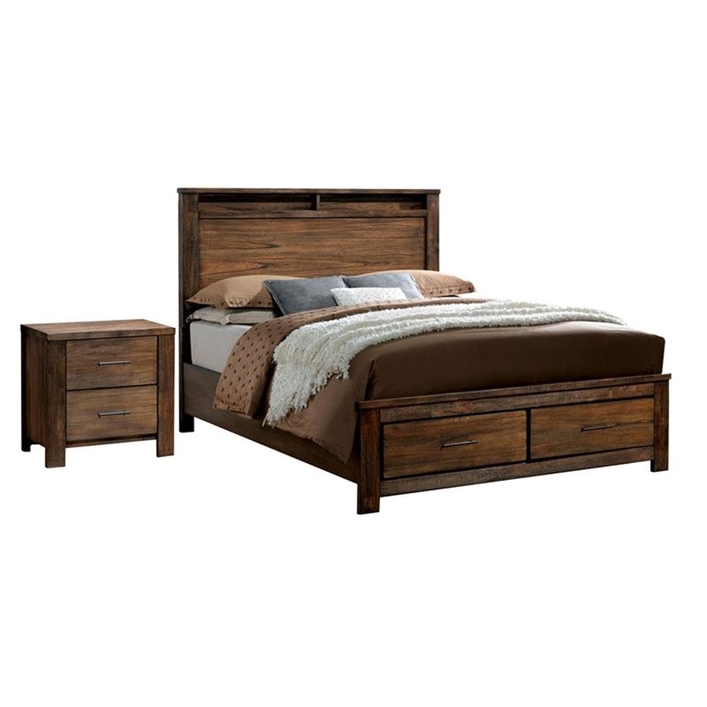 FOA Nangetti 2pc Antique Oak Solid Wood Bedroom Set - King + Nightstand