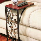 Sofa Side and End Table, Small - Metal, Dark Brown Wood Top With Leaf Design - Perfect