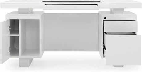 Monroe White Lacquer Modern Desk with Leather Pad and Storage