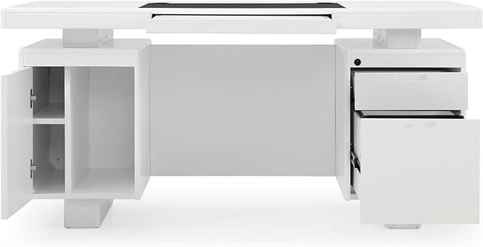Monroe White Lacquer Modern Desk with Leather Pad and Storage