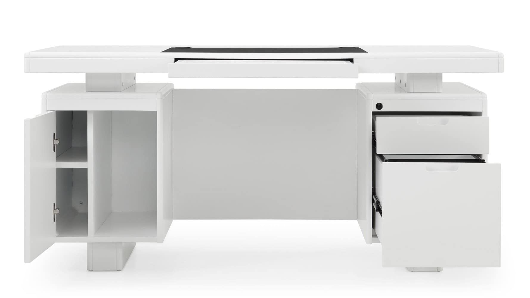 Monroe White Lacquer Modern Desk with Leather Pad and Storage