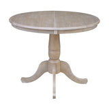 International Concepts 36" Round Top Pedestal Table with 12" Leaf-28.9" H-Dining Height, Washed Gray Taupe