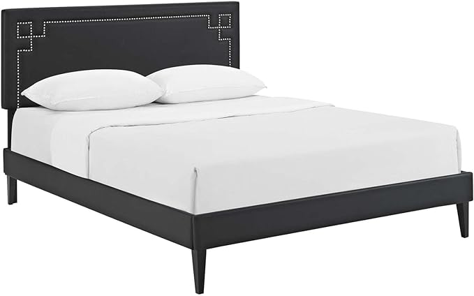 Modway Ruthie Faux Leather Upholstered Queen Platform Bed Frame in White With Tapered Legs