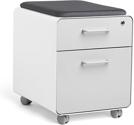 Mobile Mini Sittable Stow Rolling File Cabinet - White with Dark Gray Seat Cushion