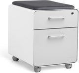 Mobile Mini Sittable Stow Rolling File Cabinet - White & Light Gray w Dark Gray Seat Cushion. Two Locking Drawers & One Key Lock