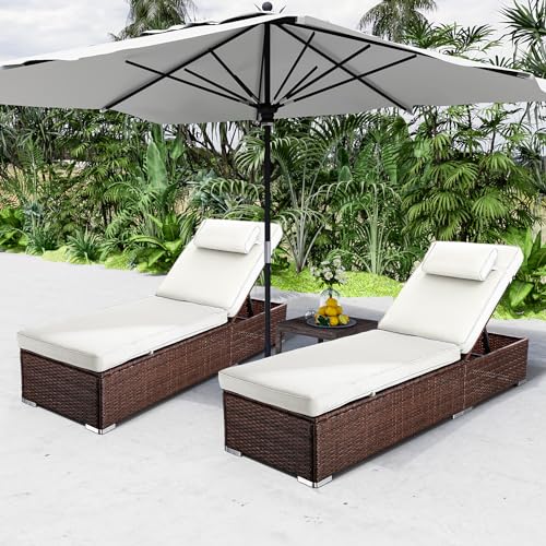 Outdoor PE Wicker Patio Lounge Chairs Set of 2, Outside Rattan Pool Lounge Chair