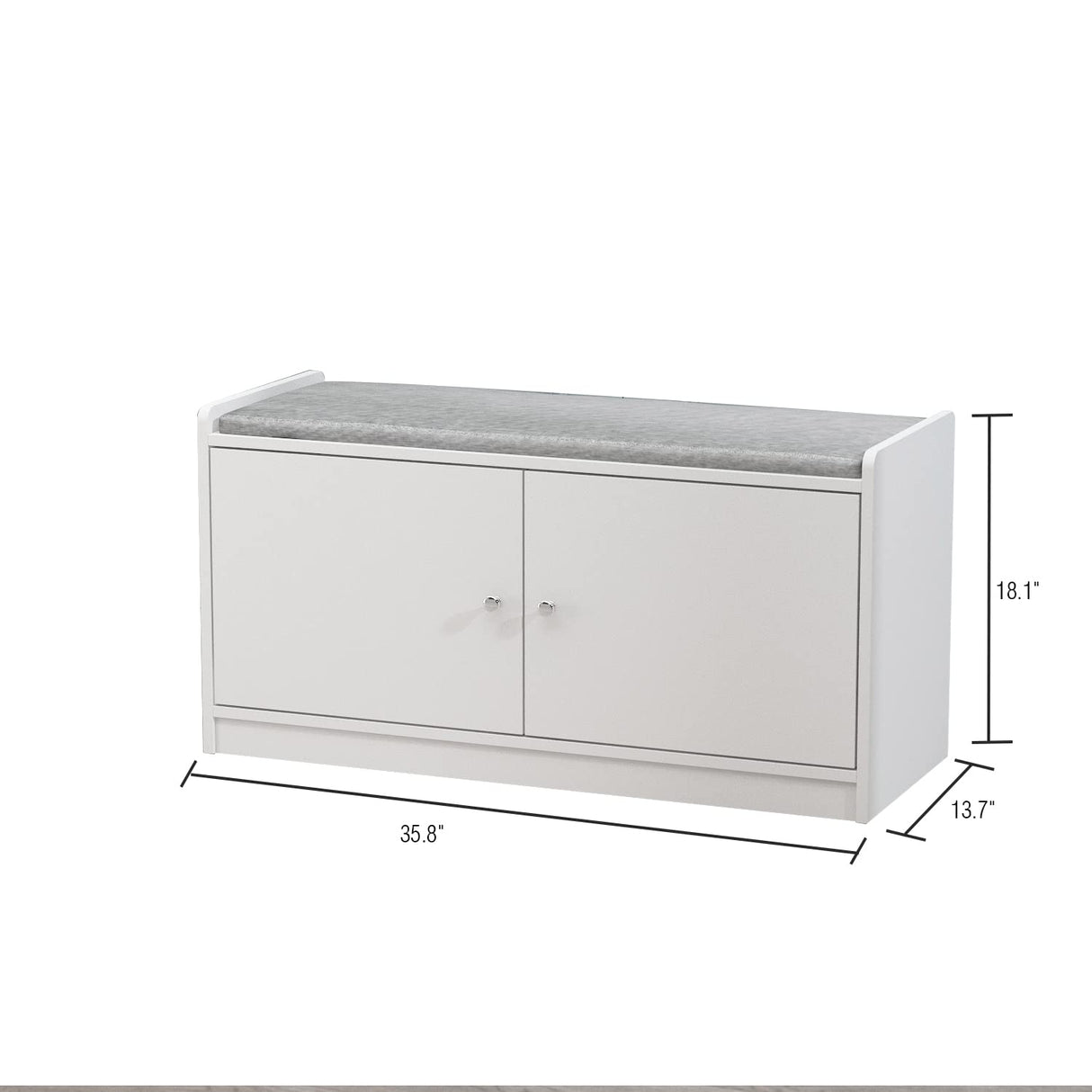 Wood Shoe Storage Bench with Cushion Seat, 2 Doors & 4 Storage Compartments, Entryway Shoe Rack Bench for Bedroom, Hallway, White and Grey (35.8”L x 13.7”W x 18.1”H)