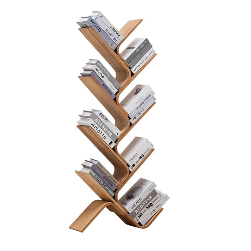 PEYNIR Multi-Layer Bamboo Bookshelf Standing Bookcase Office Curved Book Storage Bookshelf Suitable for Home Living Room Corner Bedroom Boho Bookshelf