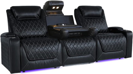 Home Theater Seating | Premium Top Grain Italian Nappa 11000 Leather, Power Recliner, Power Headrest, Power Lumbar Support, Extra Space, with Center Console (Row of 3, Black)