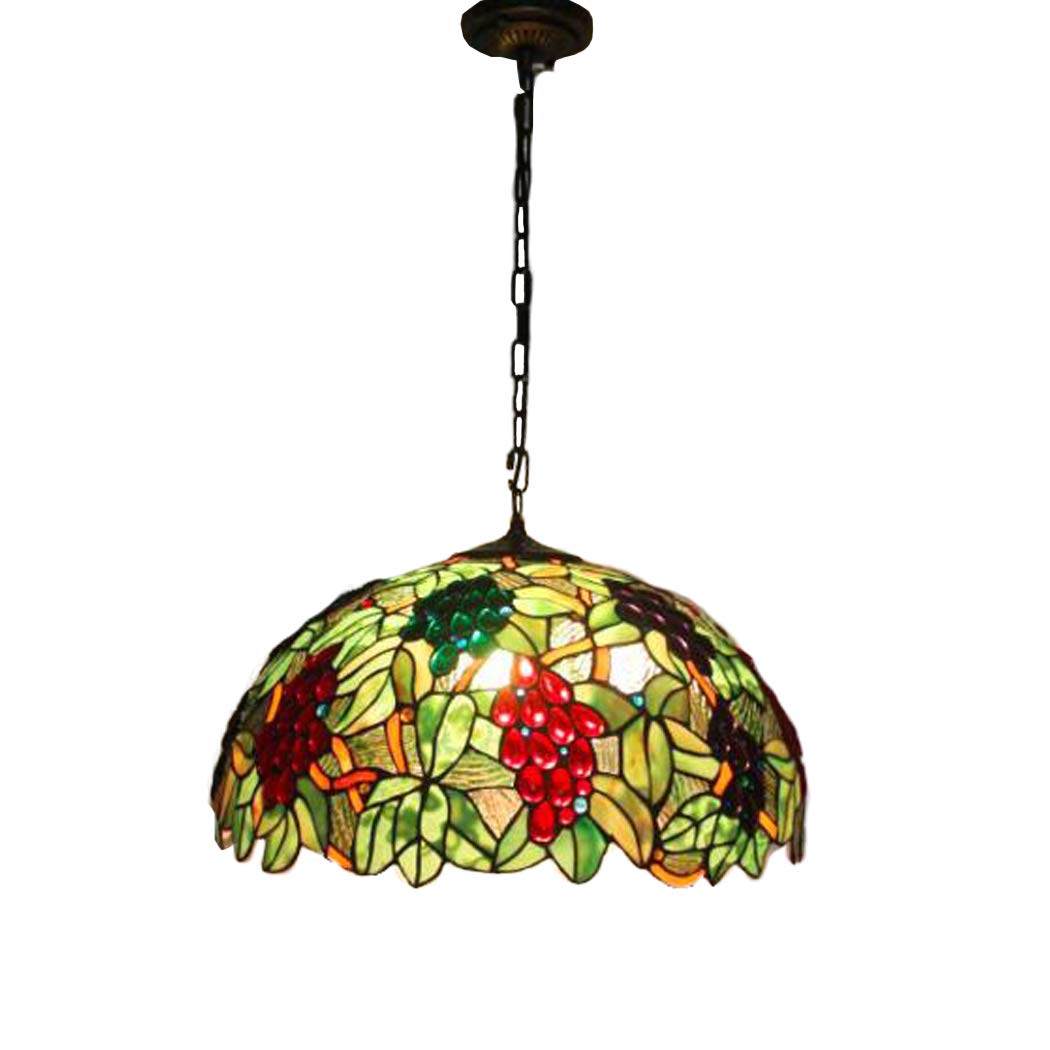 Tiffany Style Baroque Pendant Lamp Red Grape Green Leaves Stained Glass 20 Inch Shade