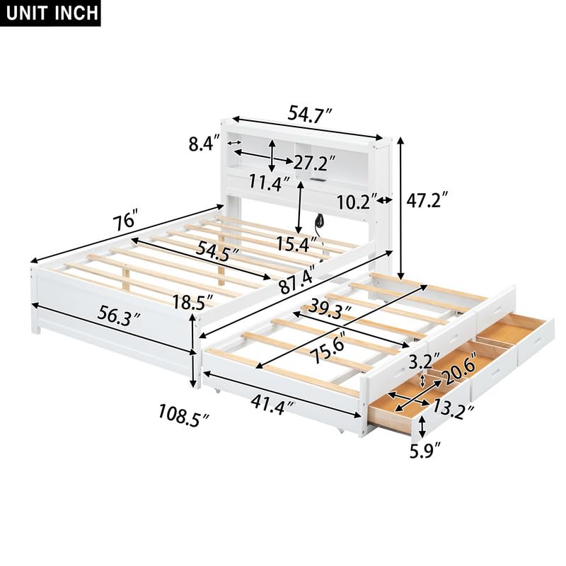 Size Daybed with Storage Headboard, Trundle and 2 Drawers, Built-in USB Plugs, Full Bed