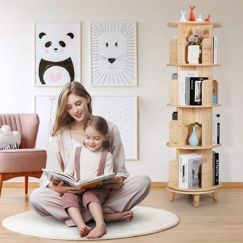 Bookshelf Tower, 4 Tiers Floor Standing Bookcase Storage Rack, 360 Display Round