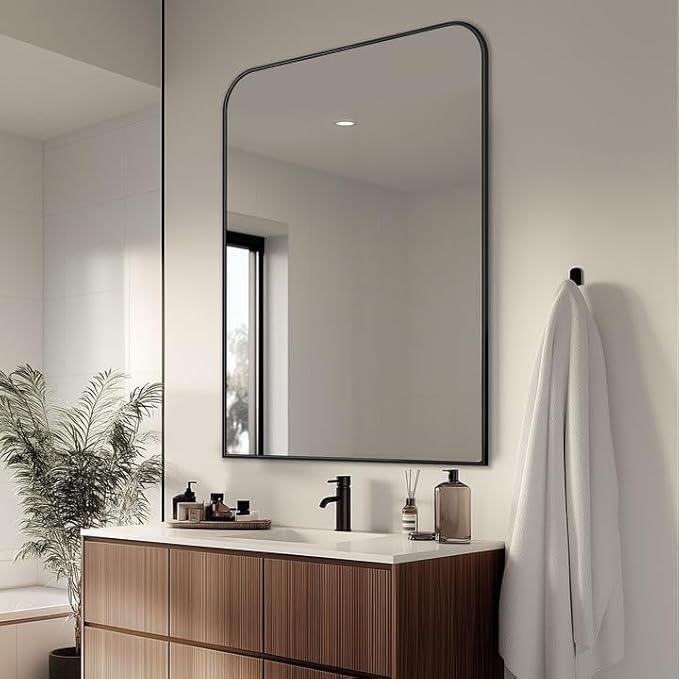 Bathroom Mirror, 48x36 Inch Wall Mirror, Black Metal Framed Wall-Mounted Mirrors