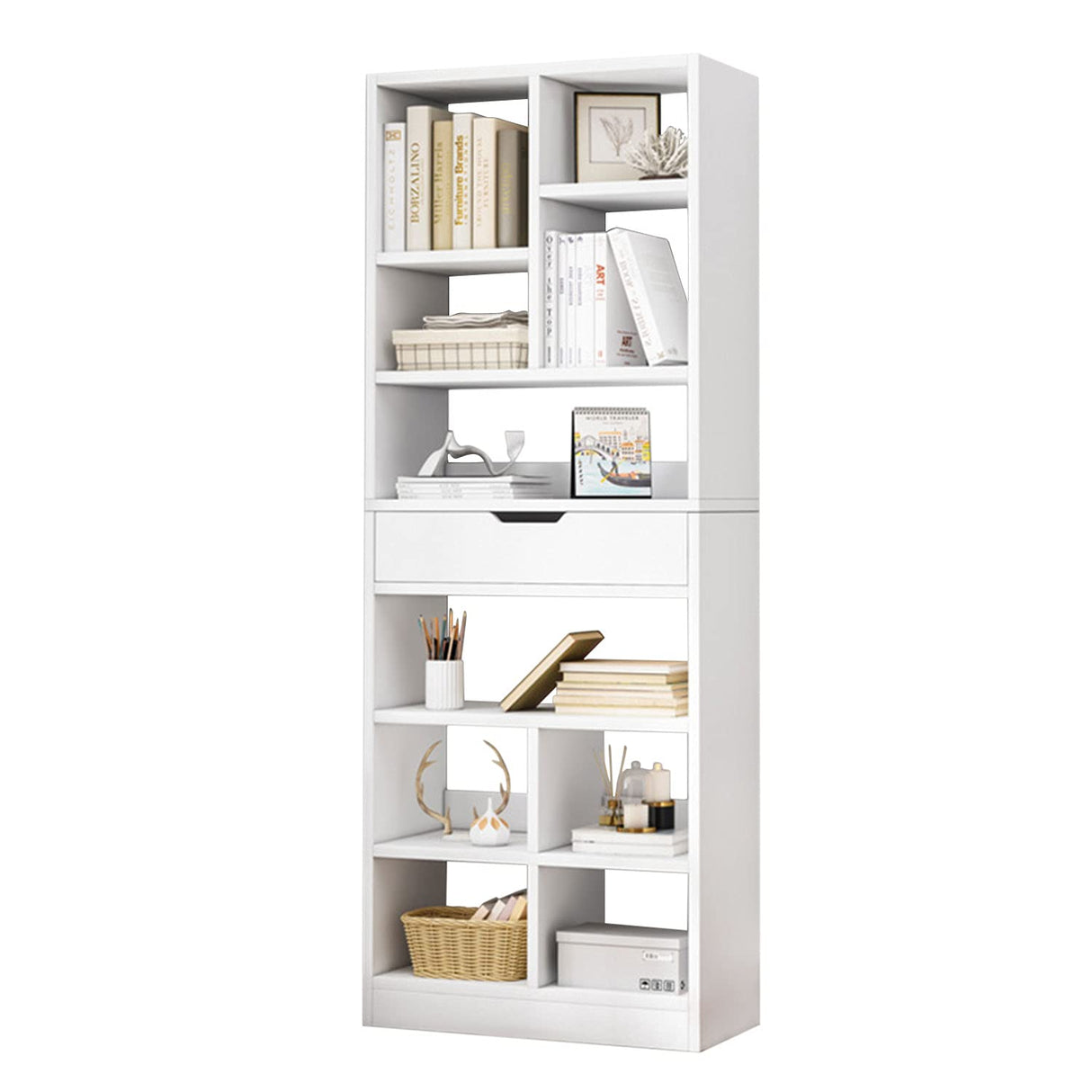 IOTXY Wooden Open Shelf Bookcase - 71 Inches Tall Freestanding Display Storage Cabinet Organizer with 10 Cubes and a Drawer, Floor Standing Bookshelf in Warm White