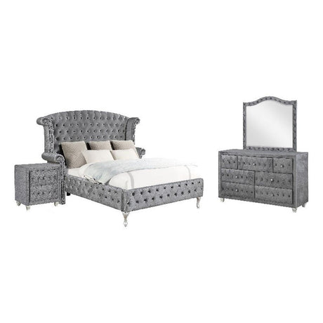 4 Piece Velvet King Wingback Bedroom Set in Gray