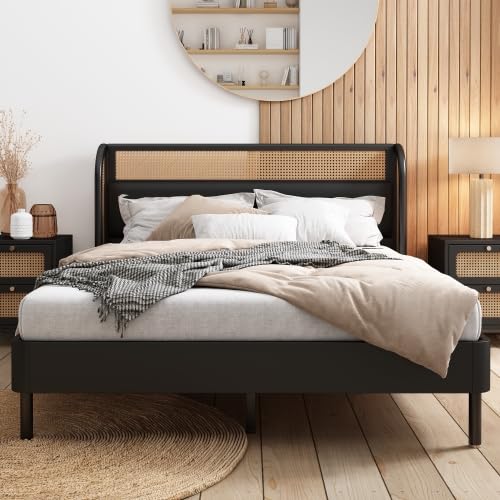platform Bed Frame, Rustic & Bohemian Unique Style, Modern Rattan Wood Platform