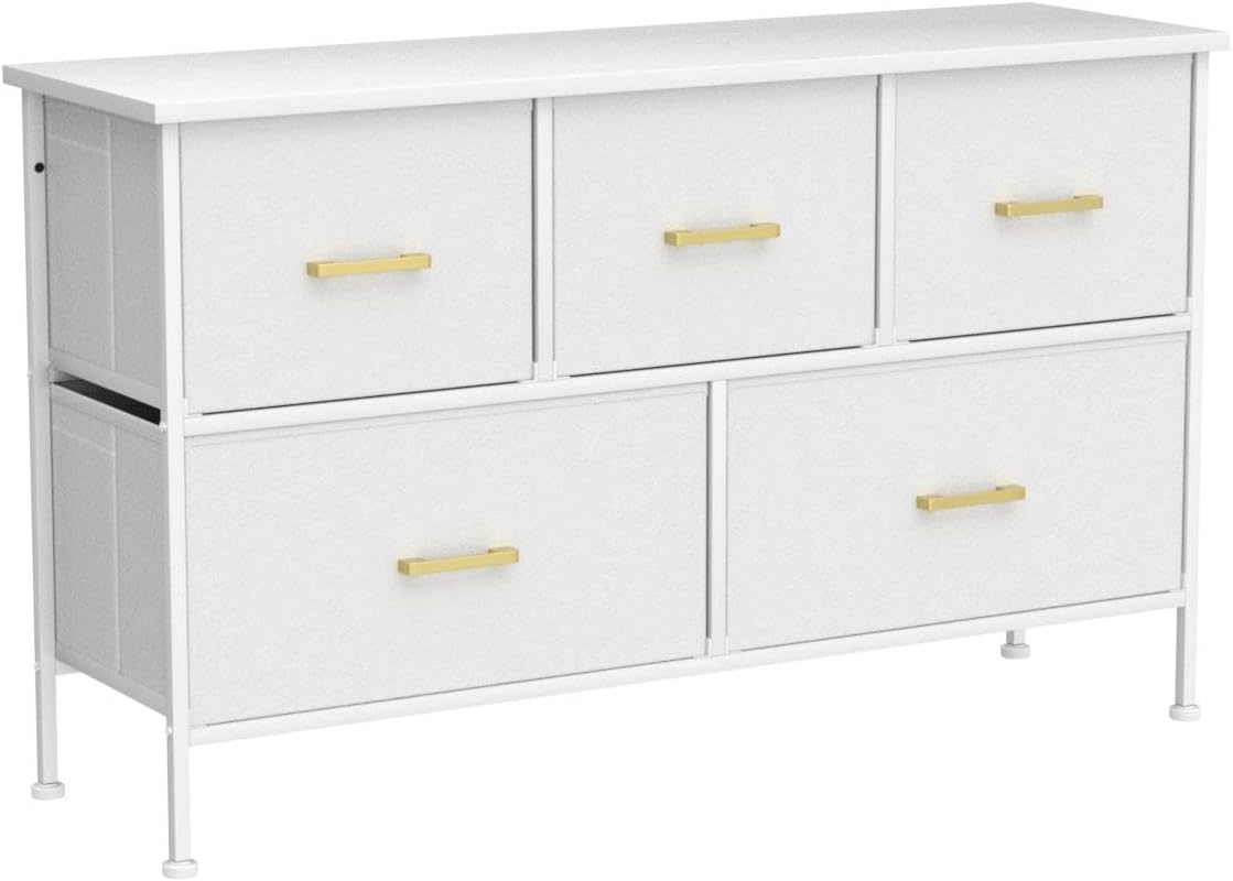 5 Drawers Dresser for Bedroom, White Dresser with Fabric Drawers, Chest of Drawers