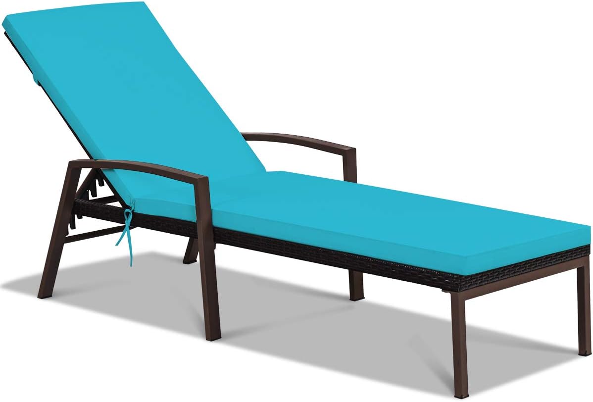 Patio Rattan Lounge Chair, Outdoor Reclining Chaise with Cushion and Armrest