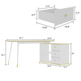 Home Office Computer Desk Corner Desk with 3 Drawers, 2 Open Shelves & Gold Lines