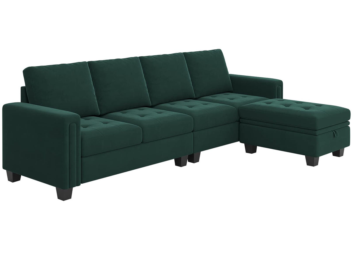 Velvet Reversible Sectional Sofa with Chaise Convertible L Shaped 4-seat