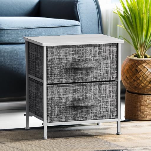 Nightstand with 2 Drawers - Bedside Furniture End Table Night Stand - Steel Frame, Wood Top & Easy Pull Modern Print Fabric Bins - Small Dresser & Chest for Home, Bedroom Accessories & Office