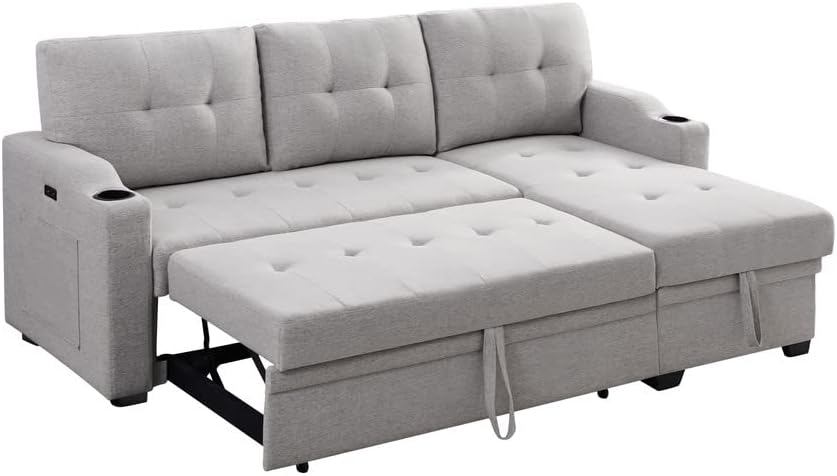 FANYE Linen Upholstery Tufted Sofa&Couch,L-Shaped Corner Reversible Sleeper Sectional Sofa Couch Sofabed w/Storage Chaise,Cupholders, USB Charging Port and Pockets for Living Room Furniture Set