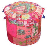 Pouffe Ottoman Cover Round Patchwork Embroidered Pouf Pink Cotton Floral Traditional