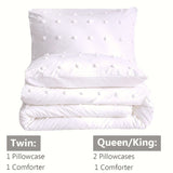 Tufted White Full Comforter Set (80x90 inches), 3 Pieces- Soft Cotton Jacquard