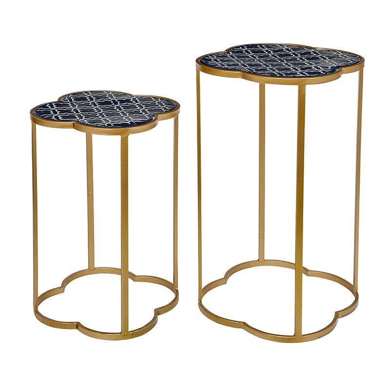 Metal Round Enamel Top Accent Nesting Tables, Set of 2, Blue/Gold