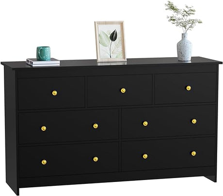 White Dresser for Bedroom, 7 Drawer Dresser with Wide Drawer and Metal Handles