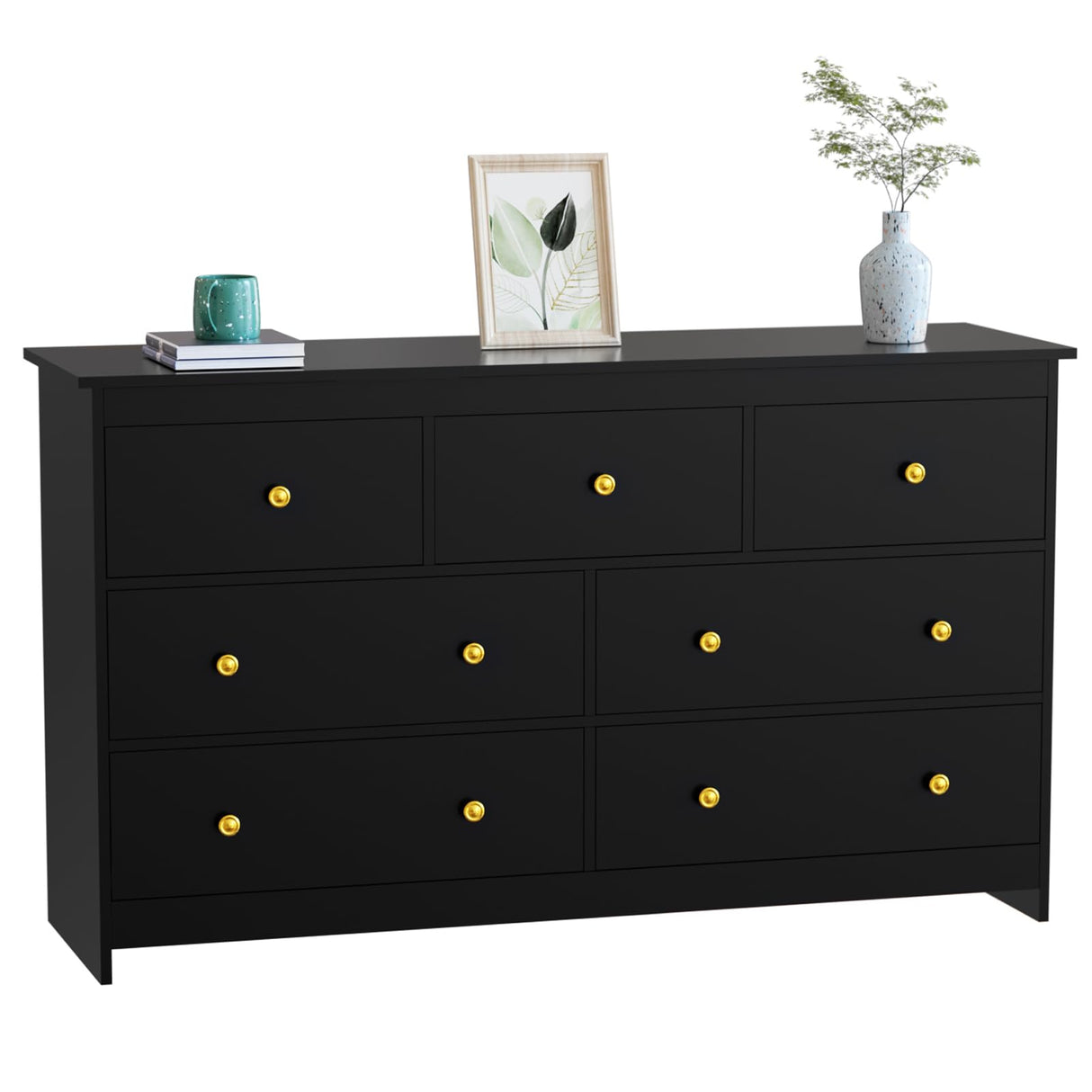 Black Dresser for Bedroom, 7 Drawer Dresser with Wide Drawer and Metal Handles