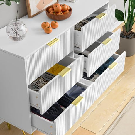 Modern Dresser for Bedroom, 6 Drawer Double Dresser with Gold Handles