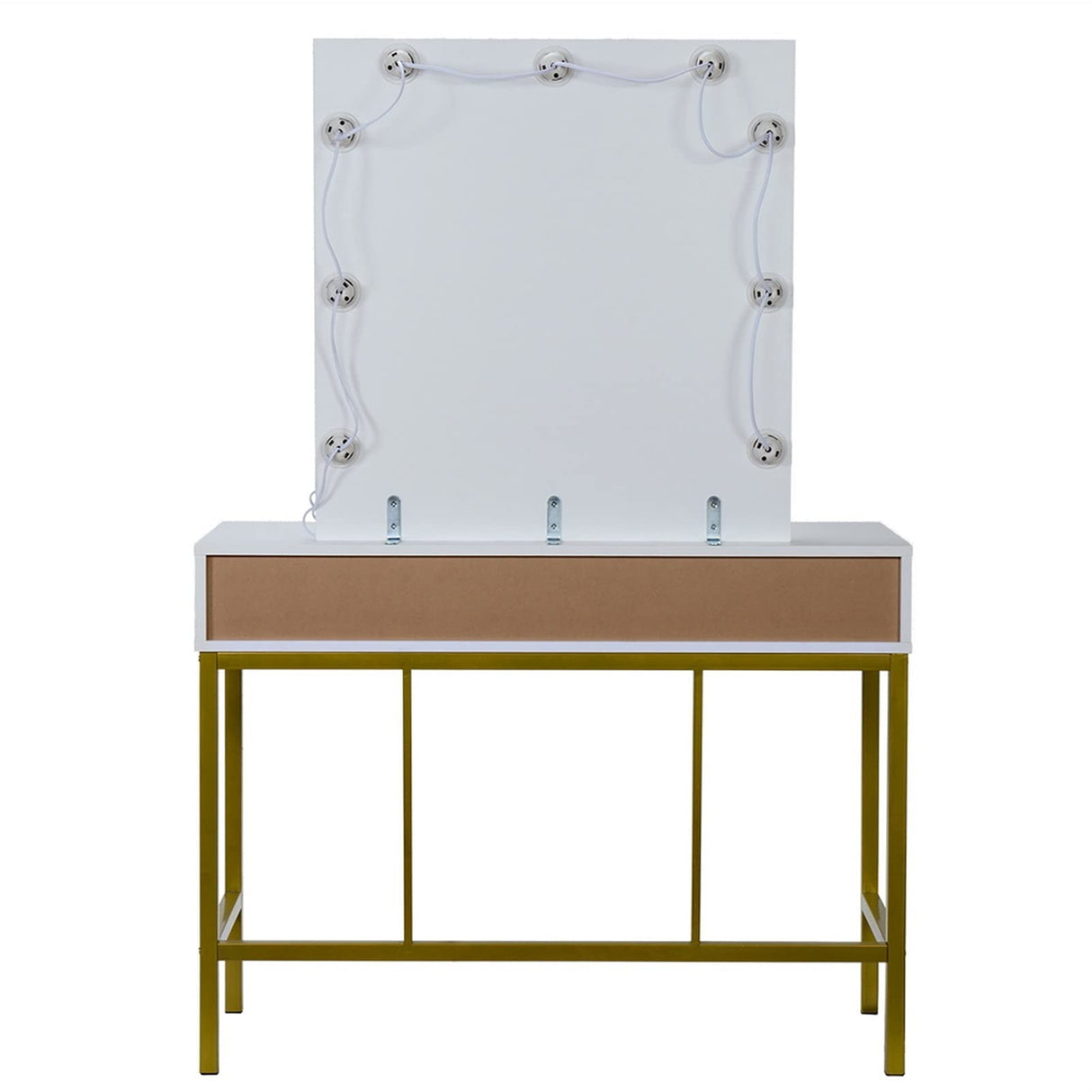 Table White Dressing Table Golden Steel Frame Square Mirror with 2 Drawer 9 Light Bulb