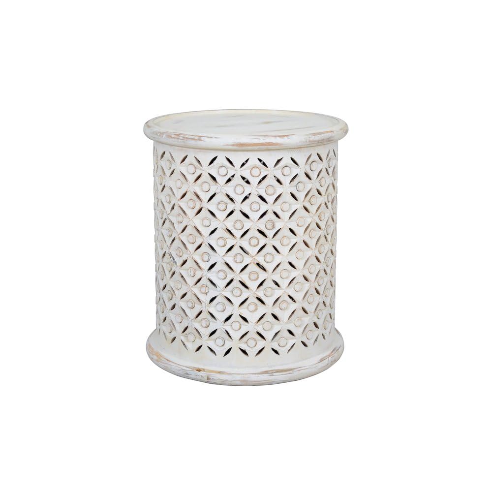 Elegant White Distressed Hardwood Drum End Table for Contemporary Spaces