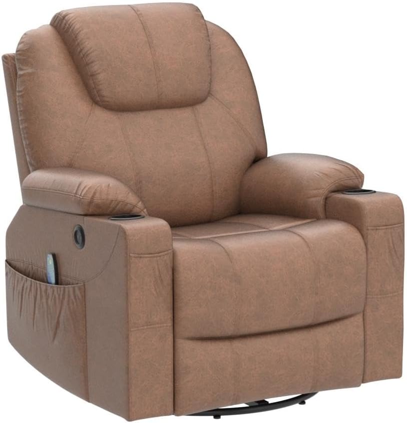 MeetWarm Swivel Massage Recliner – Bronzing Suede, Heat, USB, Cup Holders
