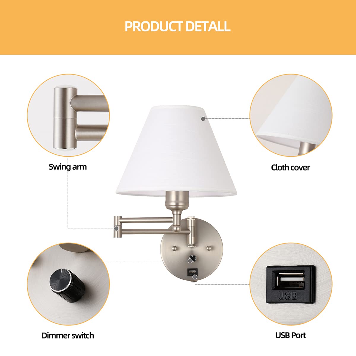 Swing Arm Wall Sconces, Plug-in Wall lamp,Bedroom Wall lamp ， White Fabric Shade，，with dimmable Switch and USB Charging Port, Suitable for Bedside, Living Room, Reading (Nickel)