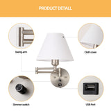 Swing Arm Wall Sconces, Plug-in Wall lamp,Bedroom Wall lamp ， White Fabric Shade，，with dimmable Switch and USB Charging Port, Suitable for Bedside, Living Room, Reading (Nickel)