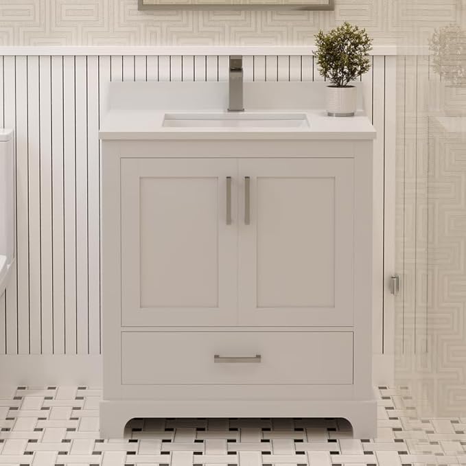 Maya 30 inch White Bathroom Vanity Set with Quartz Countertop and Brass Faucet