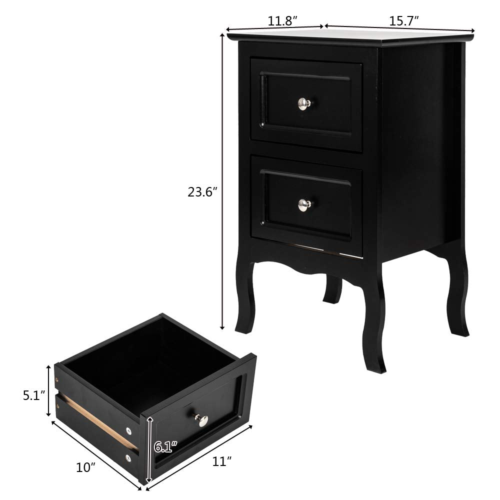 Black Nightstand Set of 2 for Bedroom, Vintage Small Night Stand with Drawers, Farmhouse Side Table,