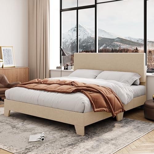 Queen Size Bed Frame with Adjustable Headboard, Upholstered Platform Bed with Wood