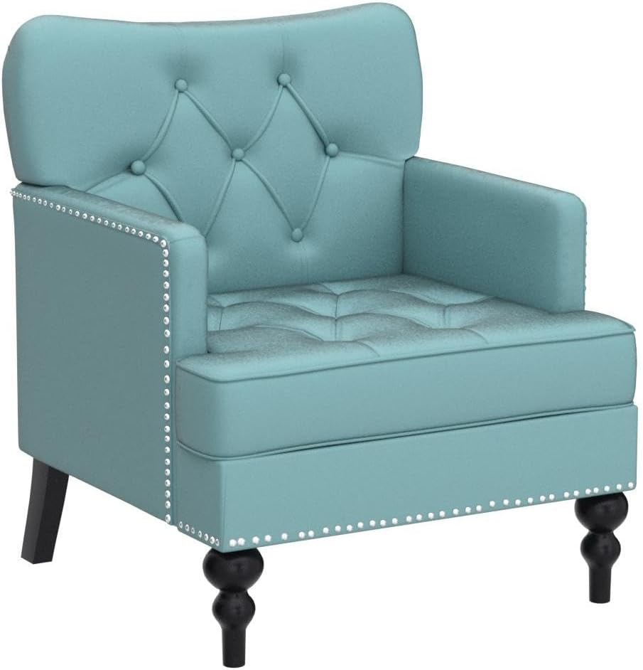 Artechworks Tufted Club Chair Fabric Modern Accent Single Sofa with Studded Nailhead Wooden Legs Armchair Comfy Upholstered for Club Living Room Bedroom Office Reading Room Blue and Green, Teal Green