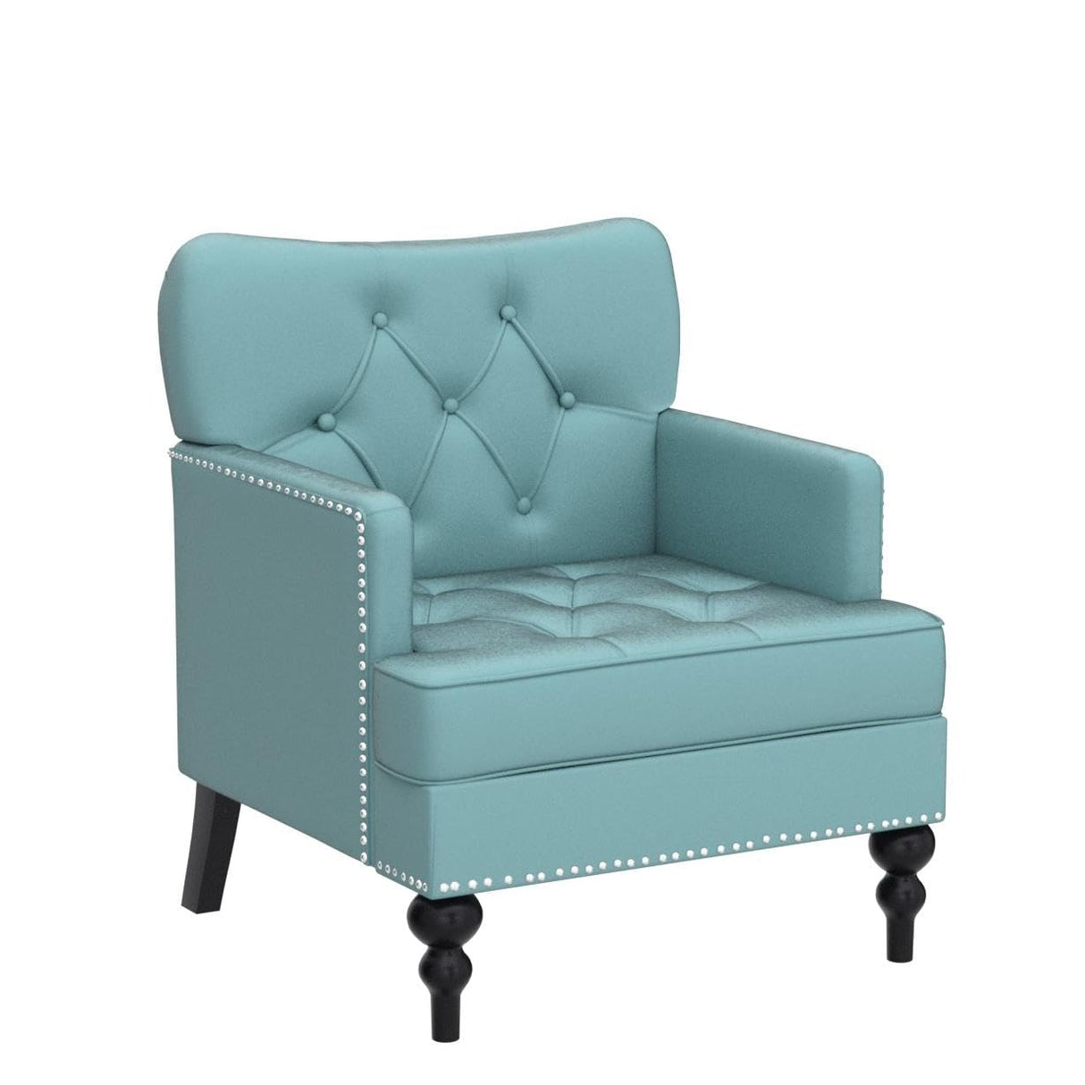 Artechworks Tufted Club Chair Fabric Modern Accent Single Sofa with Studded Nailhead Wooden Legs Armchair Comfy Upholstered for Club Living Room Bedroom Office Reading Room Blue and Green, Teal Green