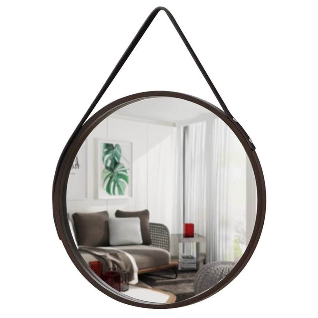 Nordic Wall Mounted Large Round Mirror, PU Leather Strap Circle Hanging Mirror