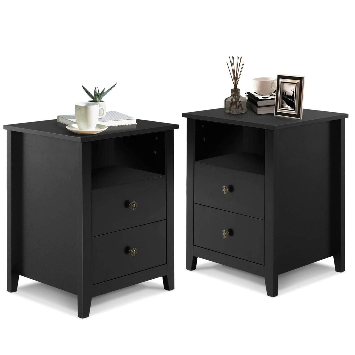 Black Nightstand Set of 2, Bedroom Nightstand with 2 Storage Drawers