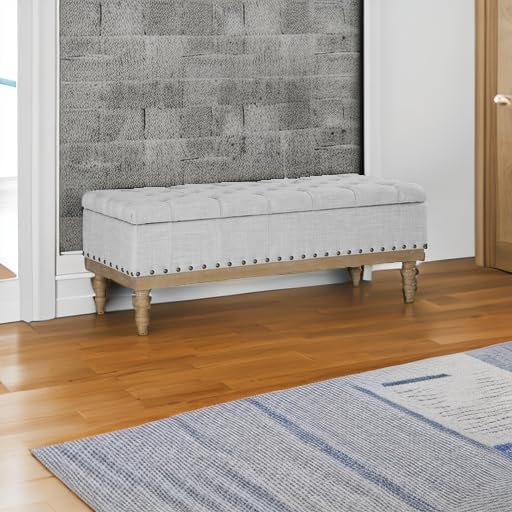 Landis Button Tufted Padded Top Storage Bench with Brushed Legs, Dove Grey Fabric