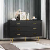 Black 6 Drawer Dresser for Bedroom, Wooden Black Double Dresser with Gold Handles