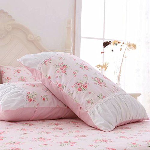 Romantic Roses Print Duvet Cover Set with Bed Skirt Pink Lace Ruffle Floral Shabby