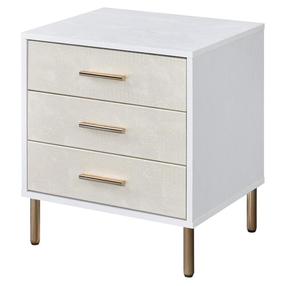 Wooden Storage Nightstand in White and Champagne and Gold