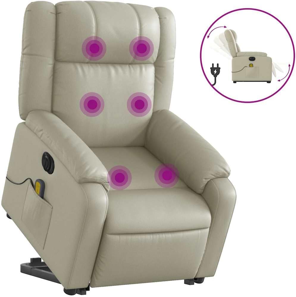 Electric Massage Recliner Chair - Cream Faux Leather Armchair with Power Lift, Reclining & Vibration Features for Living Room