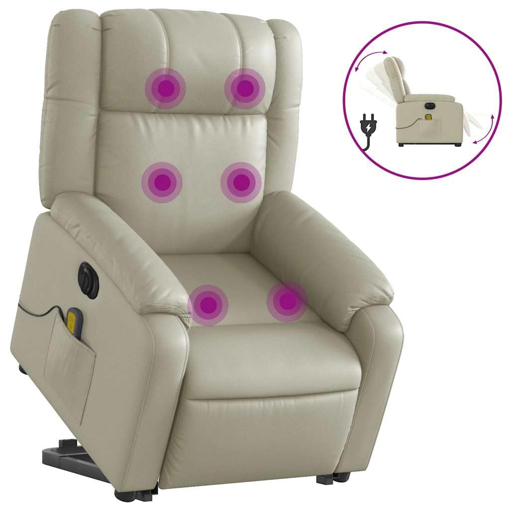 Electric Massage Recliner Chair - Cream Faux Leather Armchair with Power Lift, Reclining & Vibration Features for Living Room